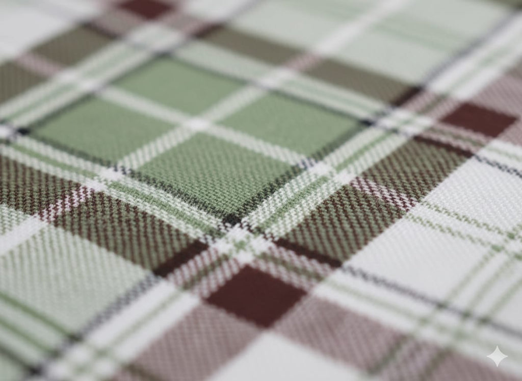 Close-up of plaid fabric with green, brown, and white colors.