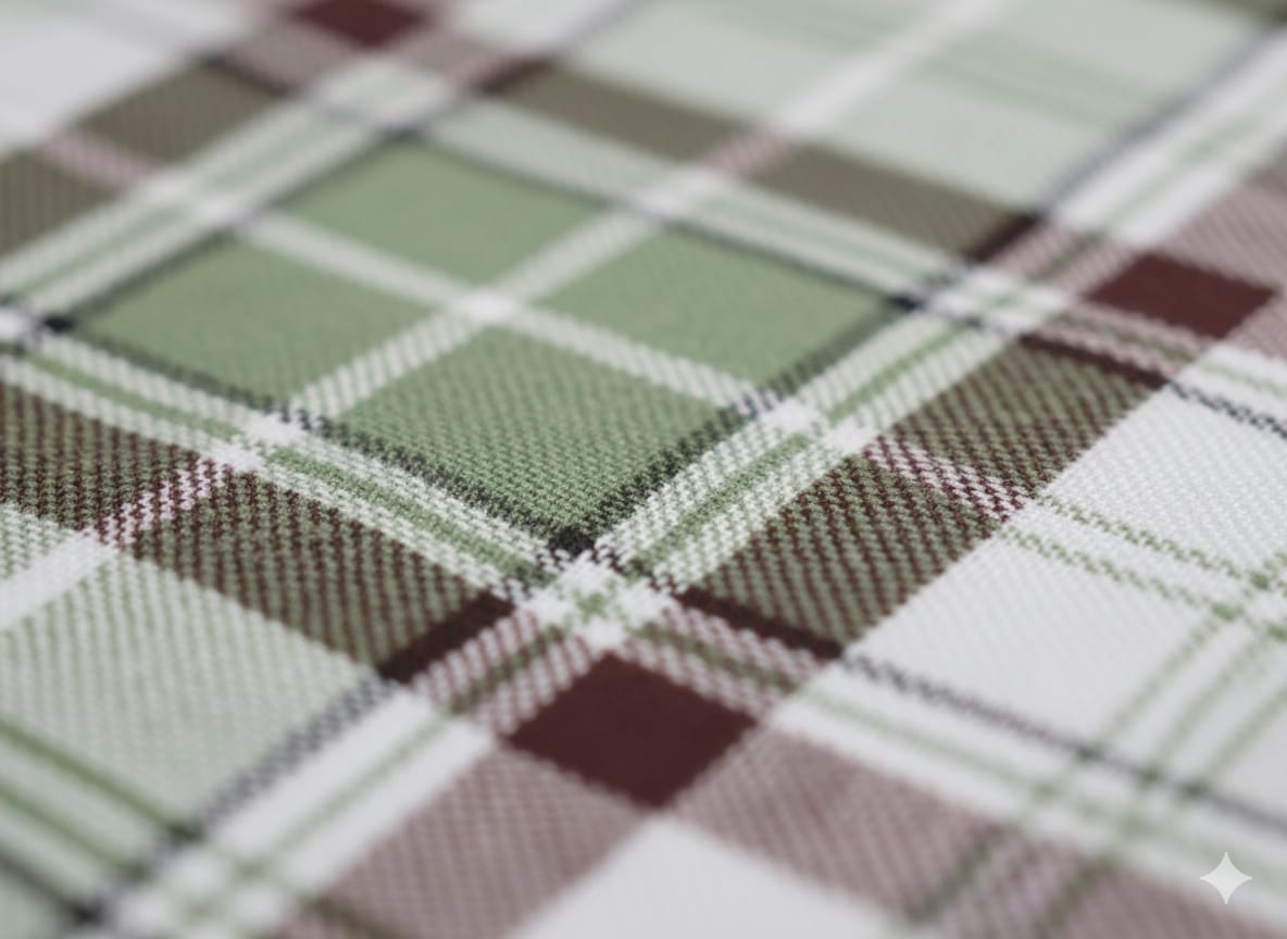 Close-up of plaid fabric with green, brown, and white colors.