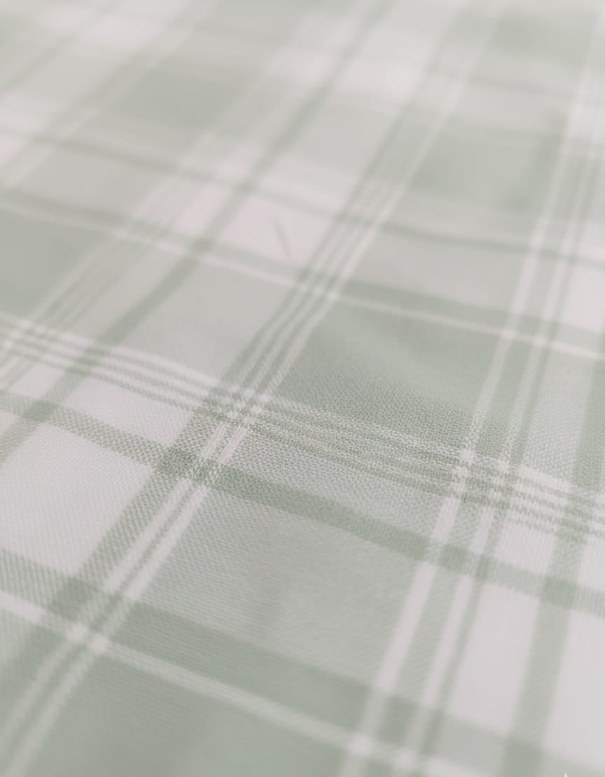 Close-up of a fabric with a plaid pattern in green and white.