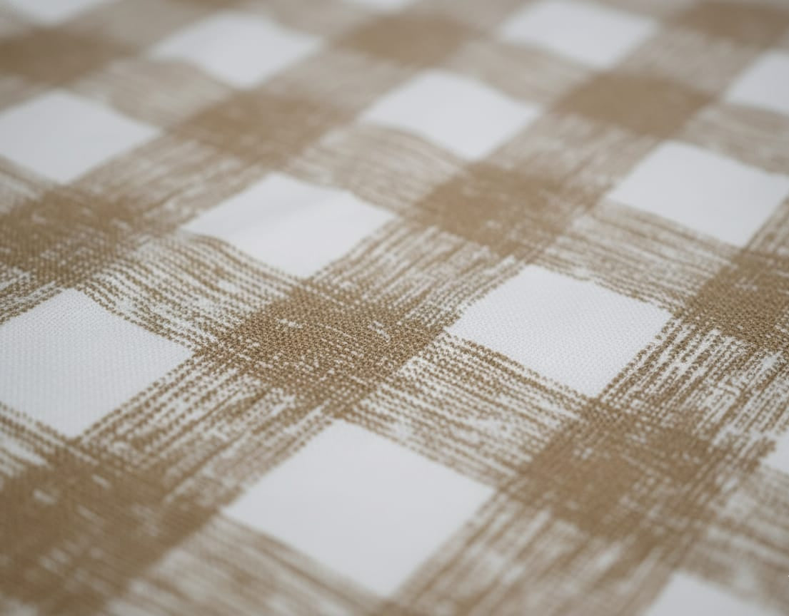 Close-up of a checkered fabric pattern with brown and white squares.