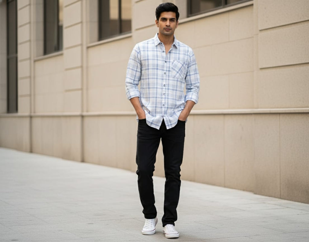 Man wearing a plaid shirt and black pants standing against a beige wall.