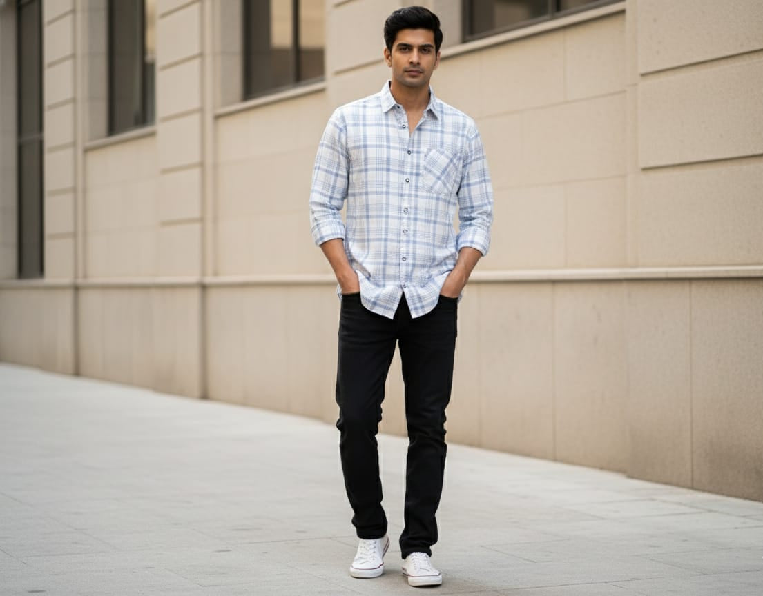 Man wearing a plaid shirt and black pants standing against a beige wall.
