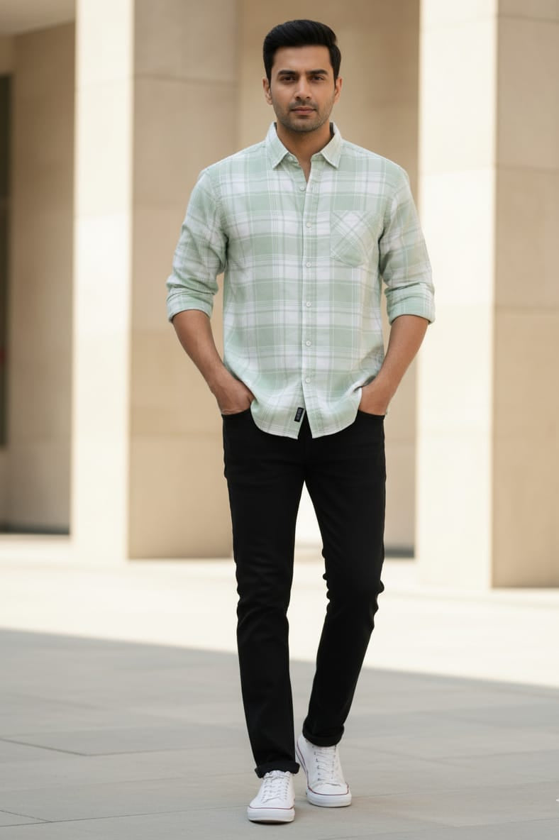 Man wearing a light green checkered shirt and black pants standing in front of a neutral background