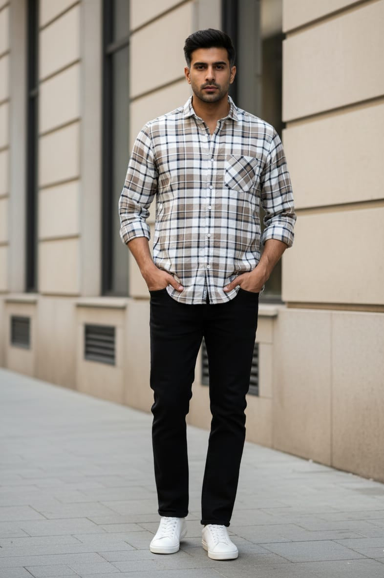 Man wearing a plaid shirt and black pants standing against a beige building.