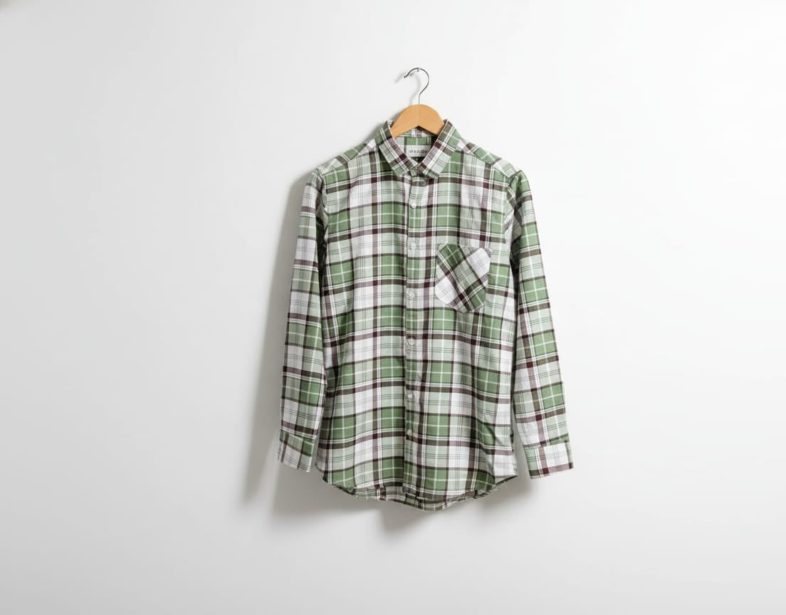 Green and white plaid shirt on a hanger against a white background