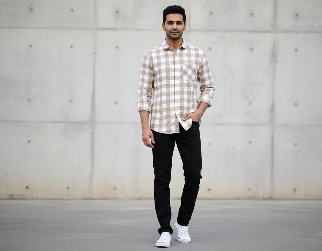 Man wearing a checkered shirt and black pants standing against a concrete wall.