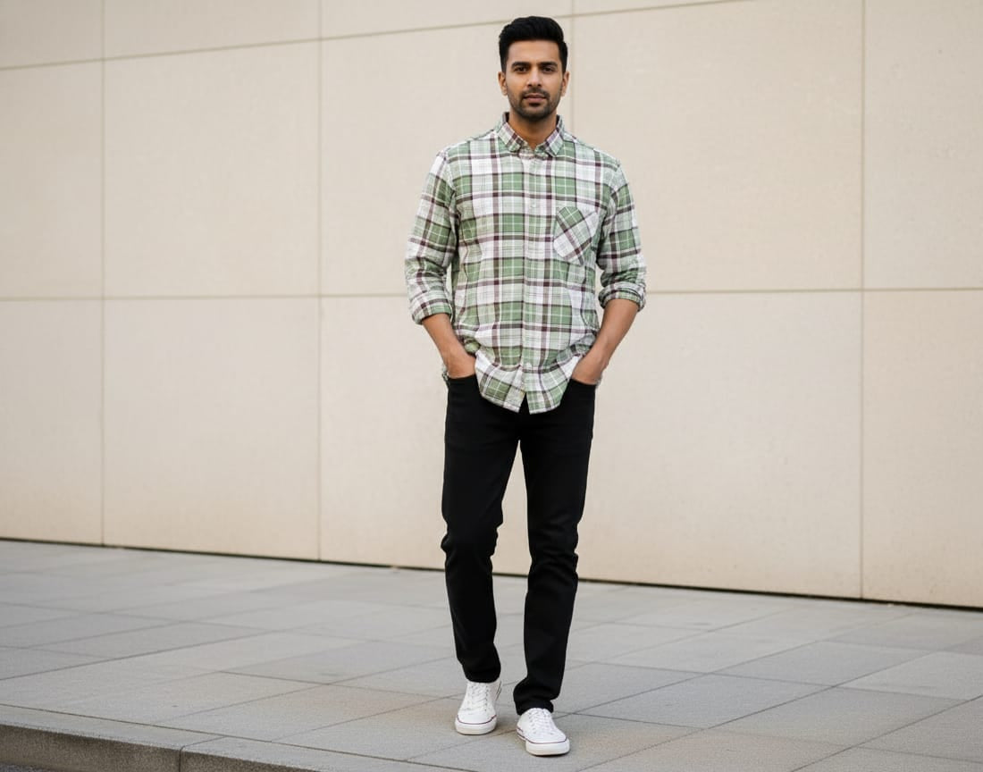 Man wearing a green plaid shirt and black pants standing against a beige wall.