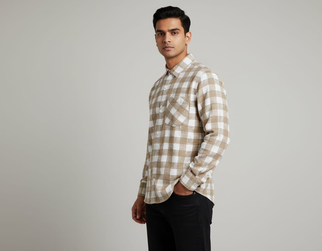 Man wearing a beige and white checkered shirt against a gray background