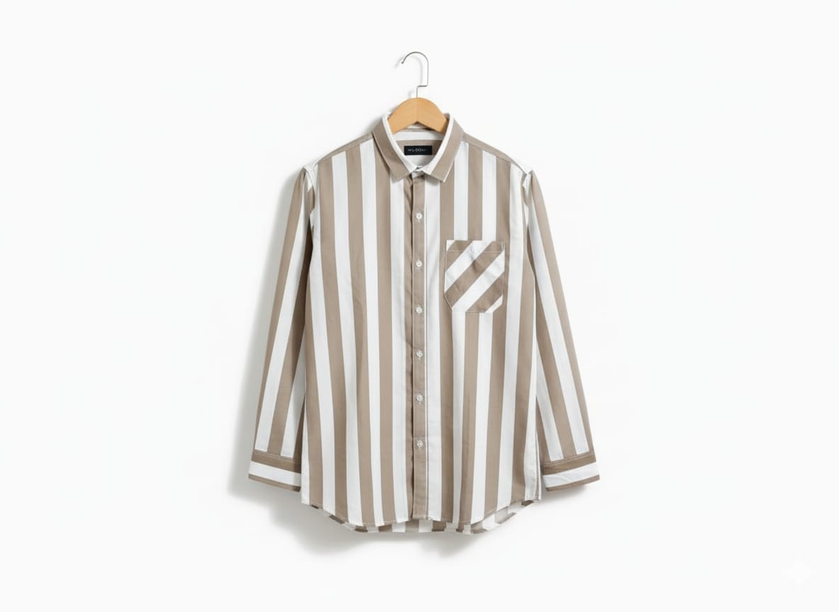 Striped shirt on a hanger against a white background